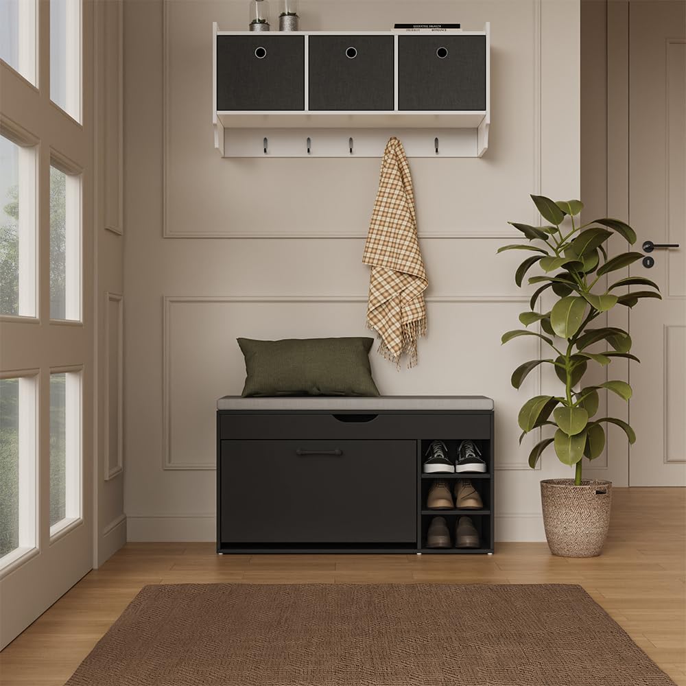 Vicco Schuhbank Solino, Schwarz/Grau, 90 x 50 cm mit Sitzfläche, zur Aufbewahrung von Schuhen und Alltagsgegenständen