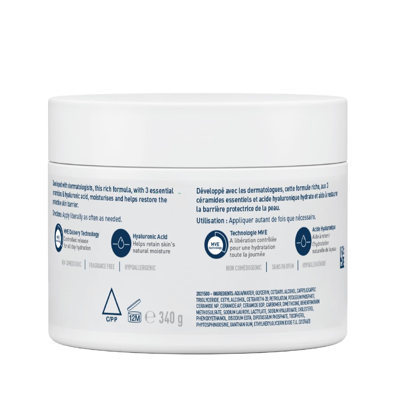 CeraVe Moisturising Cream 340g Jar – Rich Everyday Face & Body Cream with 3 Ceramides & Hyaluronic Acid, 24-Hour Hydration for Dry to Very Dry Skin, Fragrance-Free Home Size