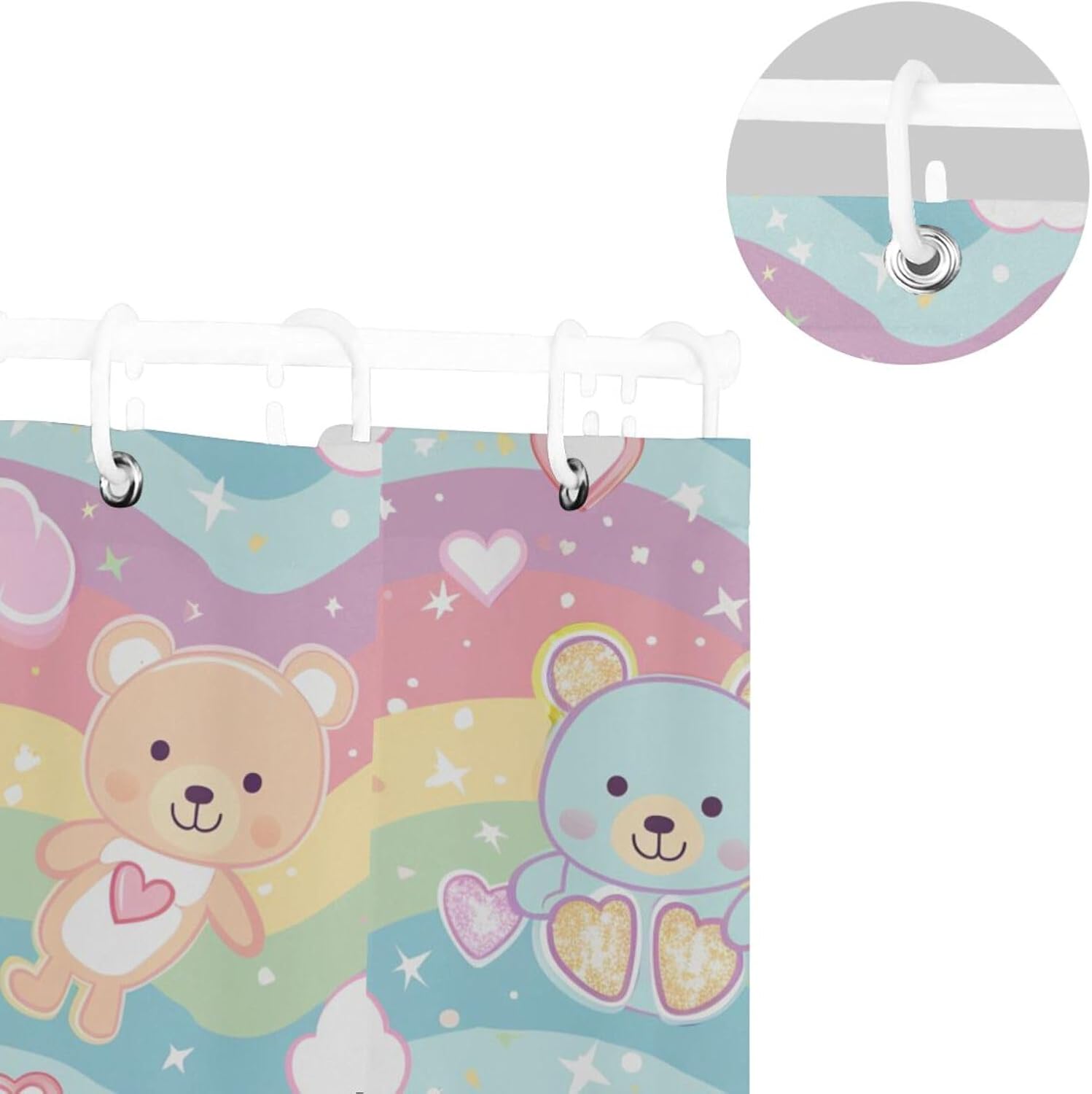 66x72 Inch Water Repellent Cloth Curtain Bathroom Set with Hook Bear Cartoon Polyester Curtain Washable Long Shower Liners for Tub