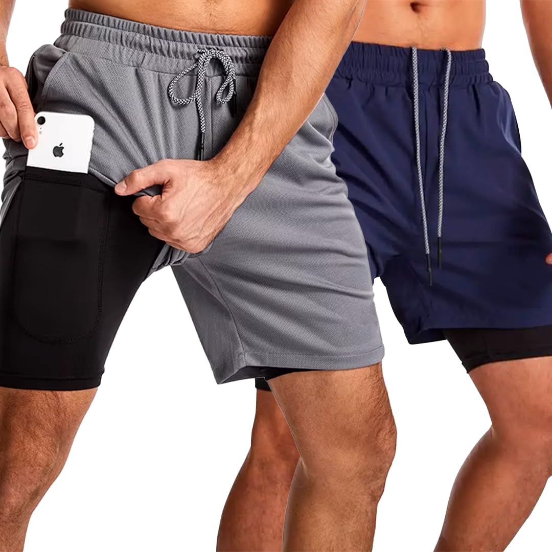 Kit 2 Short Masculino Academia 2 em 1 Bermuda Dry Fit Corrida Treino com Bolso Celular INSIDE SPORTS