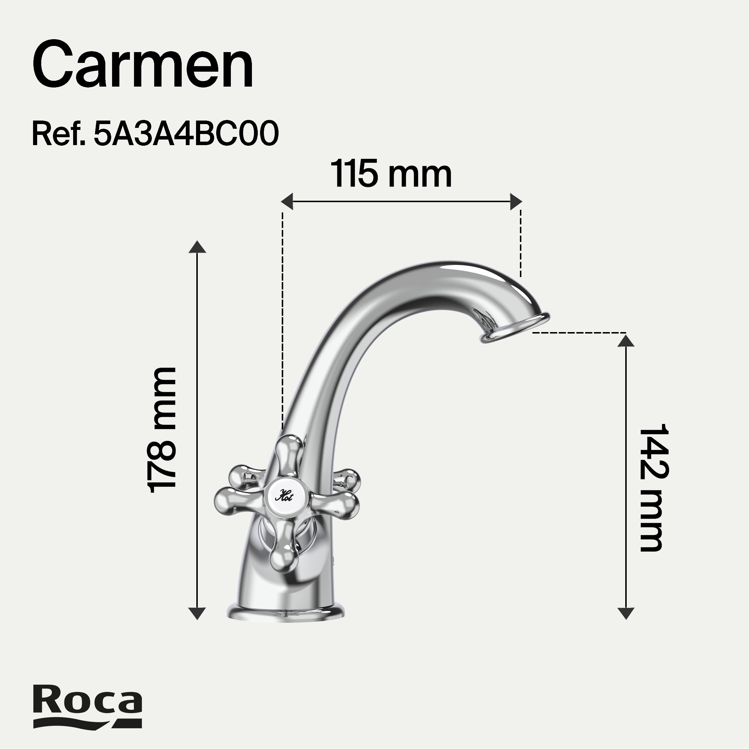Roca Carmen Grifería para lavabo retro de fácil instalación, grifo bimando vintage con enlaces de alimentación flexibles, mezclador para cuarto de baño con desagüe click-clack, cromado, A5A3A4BC00