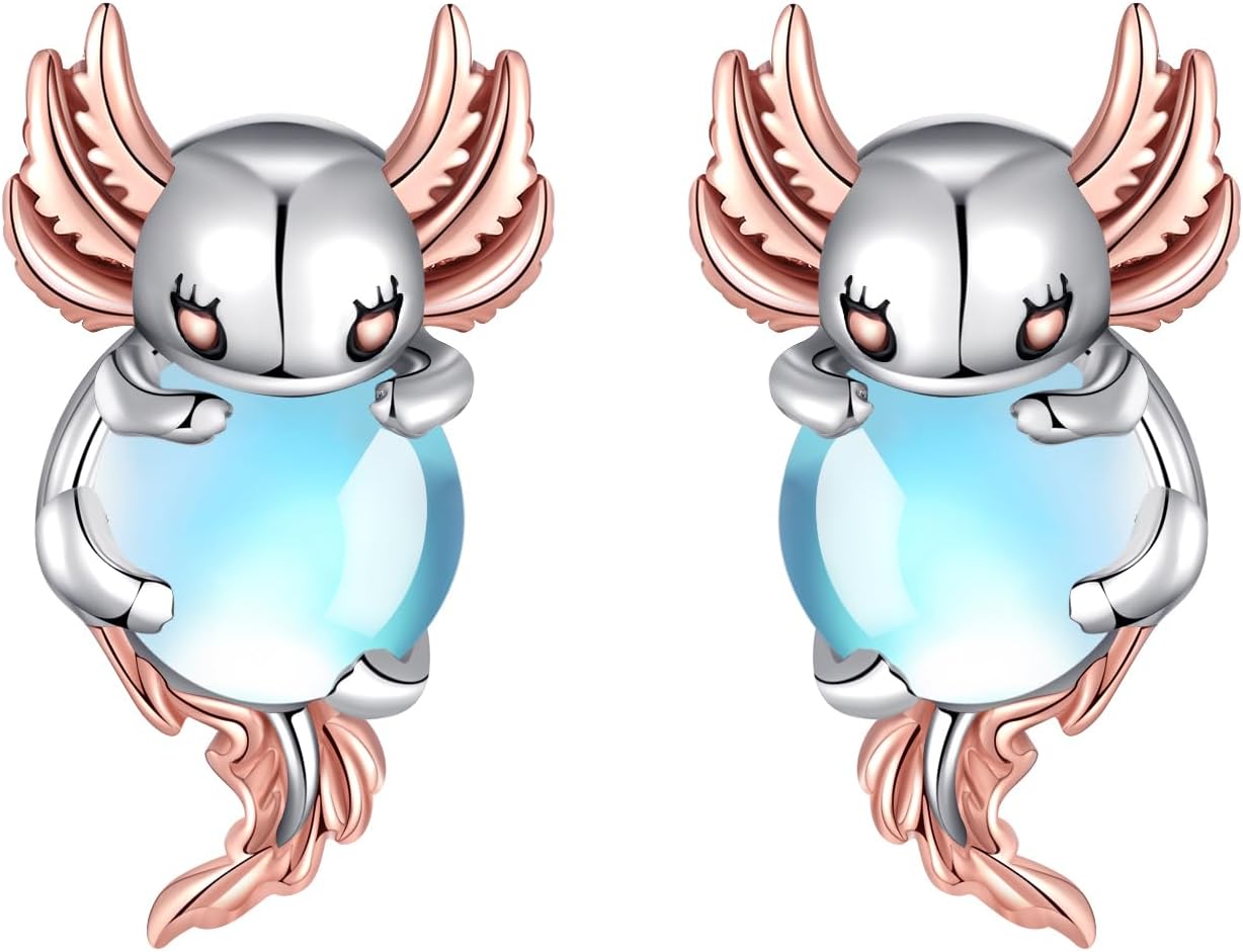 Axolotl Earrings Sterling Silver Blue Animal Moonstone Stud Jewelry Christmas Gifts for Women Friends Daughter Granddaughter