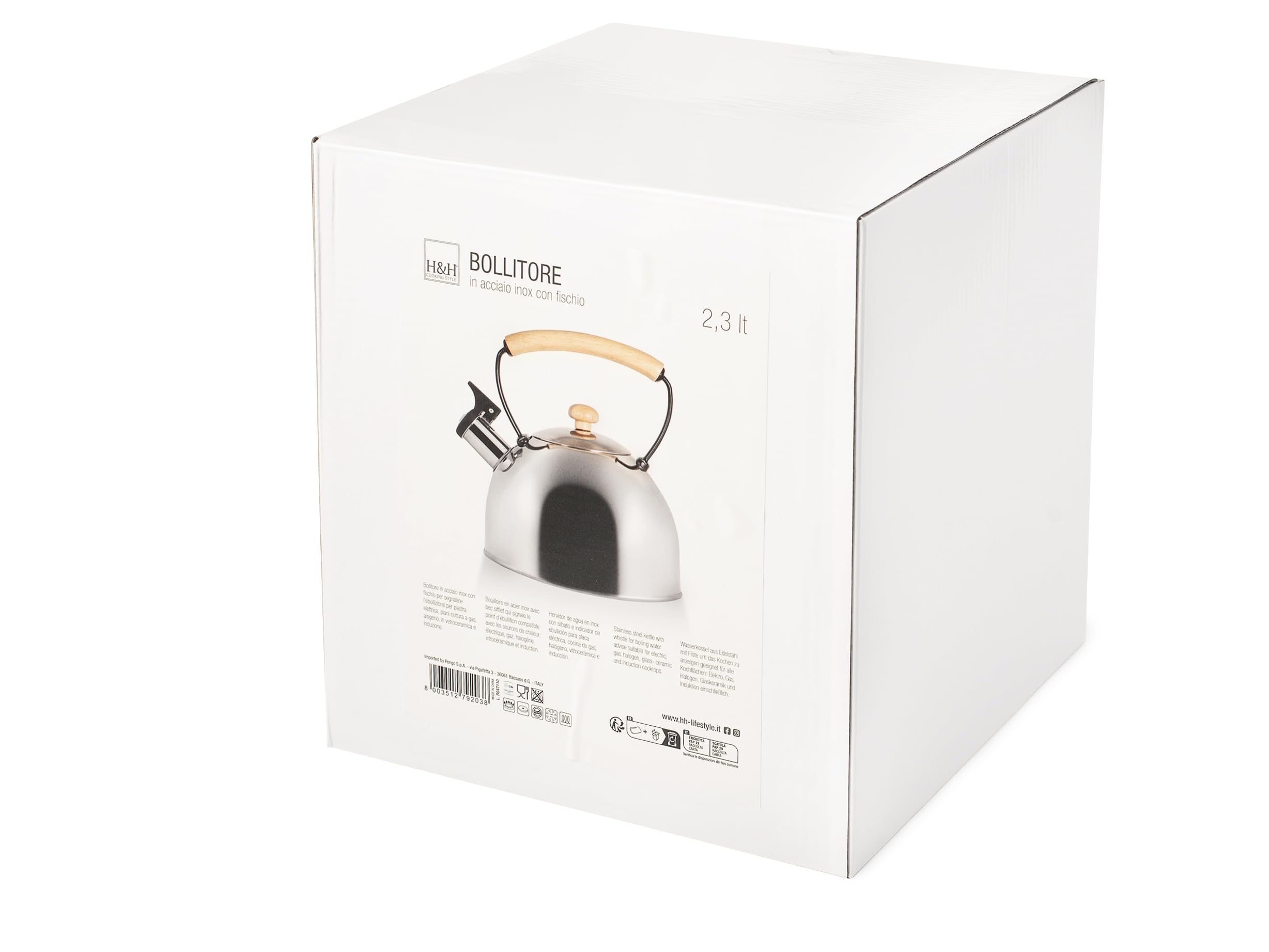 H&H Bollitore con Fischio, Acciaio Inox, Manico in Legno, 2,3Lt, Induzione