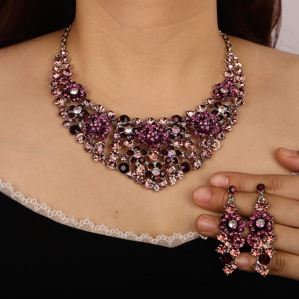 Missgrace Women Rhinestone Crystal Bridal Wedding Necklace Earrings Sets Blue Christmas Red Teardrop Necklace Dangle Earrings for Wedding Party Prom Brides Bridesmaid - Image 5