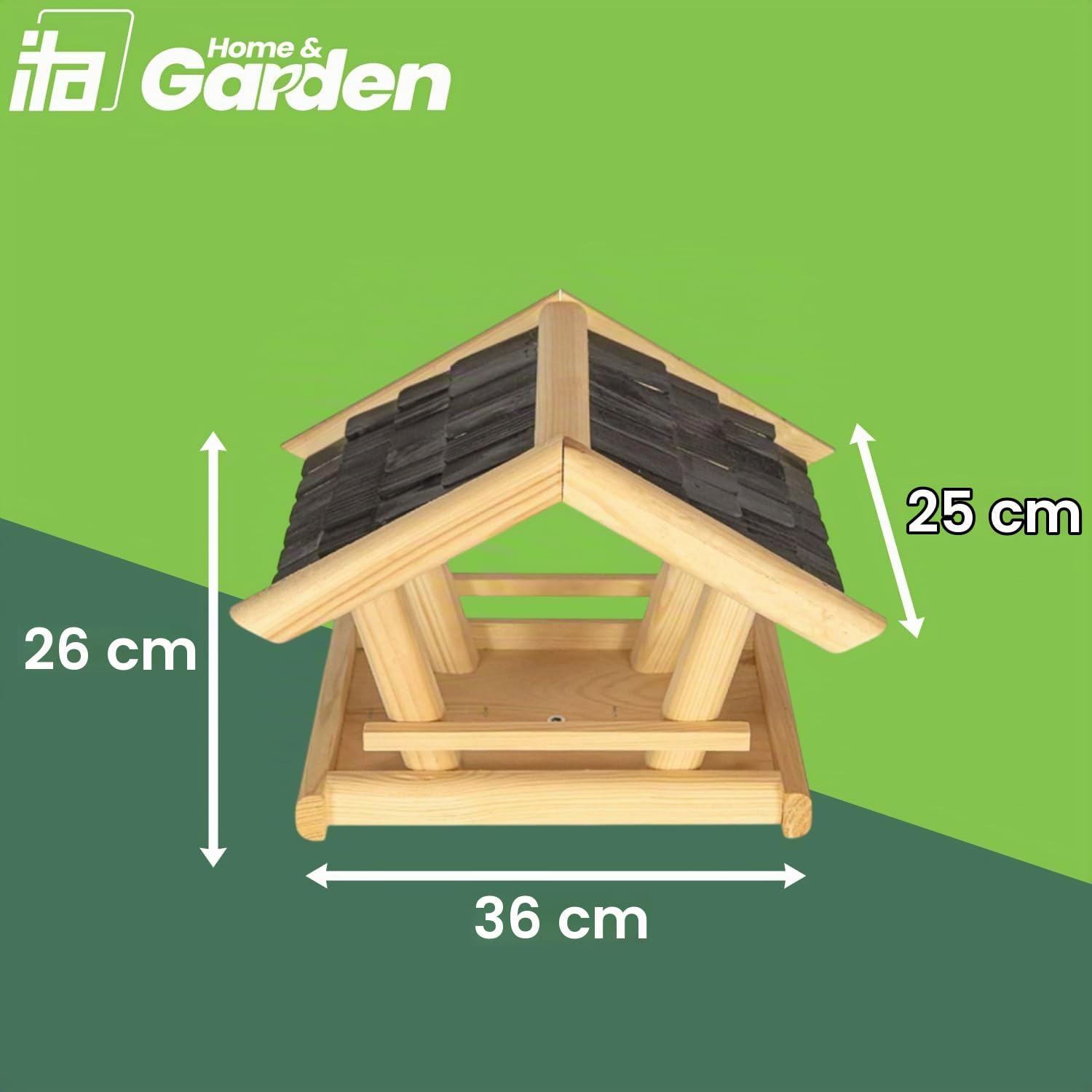 ITA Casetta per Uccelli 36x25x26 cm in Legno con supporto - Mangime per Uccelli Selvatici - Resistente alle Intemperie, Stabile, Robusta