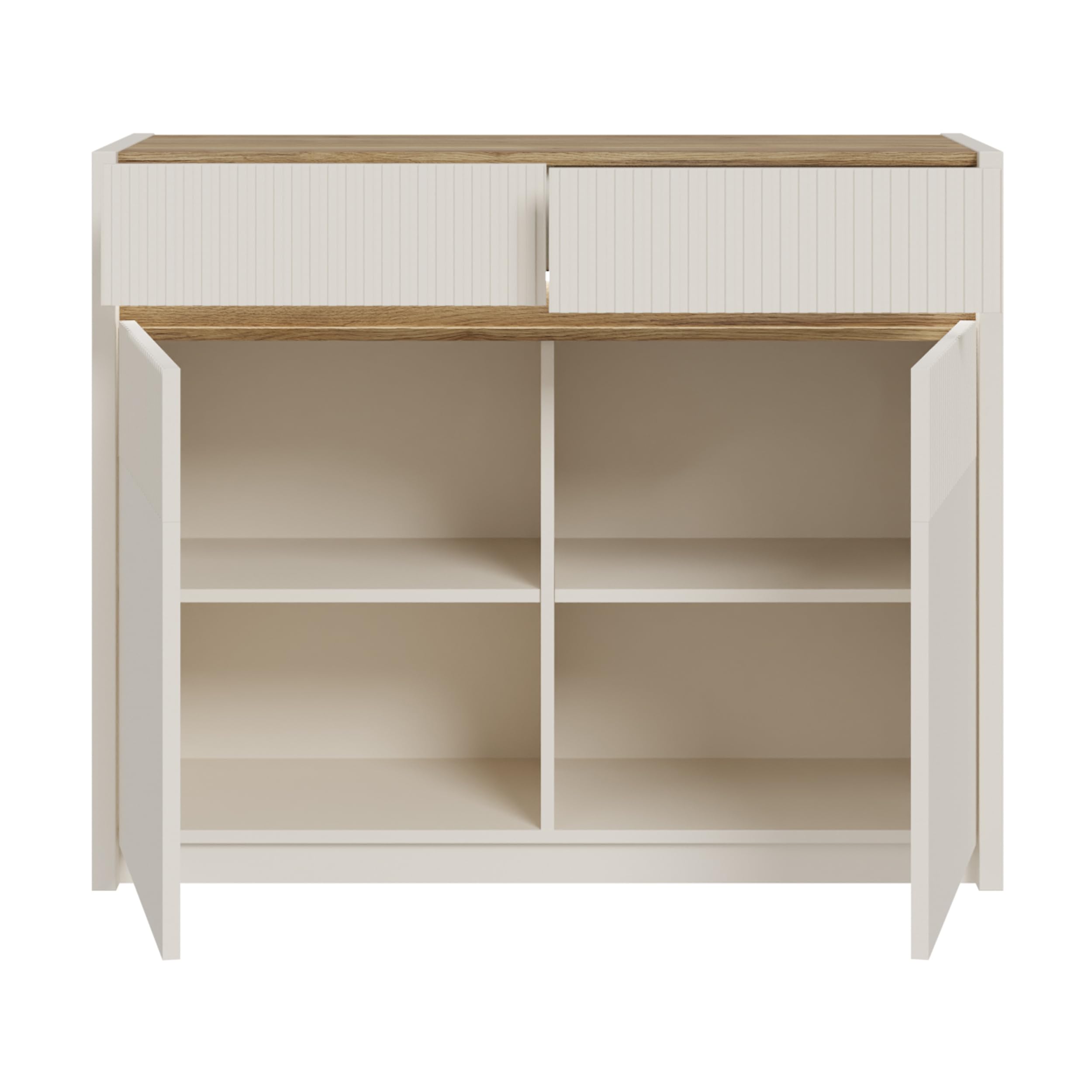 Forte Oak SQUERE Sideboard 100 105, Elegantes Sideboard mit 2 Türen, Beleuchtung und Lamellendesign, Holzwerkstoff, Mauvella Eiche Holzdekor/Sand, 105,3 cm breit x 85,9 cm hoch x 41,5 cm tief