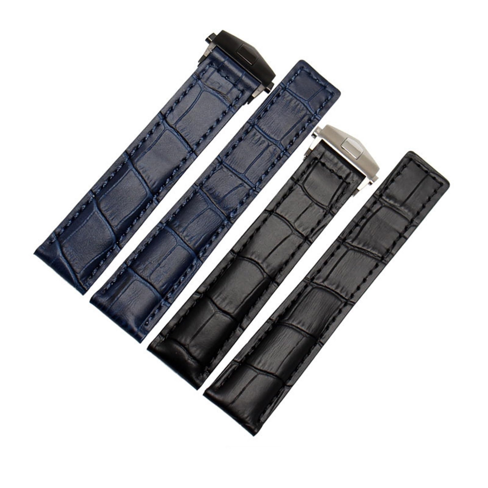 HMFANG Bracelet en cuir véritable compatible avec TAG Heuer Bleu Noir avec coutures rouges Bracelet 19 20 22 mm pour homme avec fermoir pliable