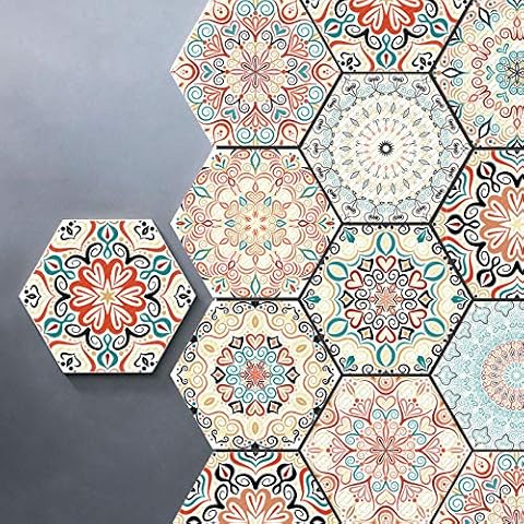 Prior.choice 10 Pcs Pink Moroccan Hexagon Self-adhesive Peel and Stick Non-slip Waterproof Removable PVC Bathroom Kitchen Home Decor Floor Wall Tile Sticker Cover
