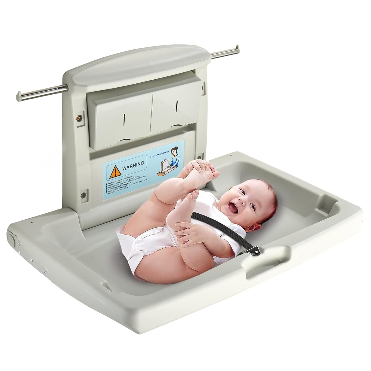 Fold-Down Baby Changing Station - Wall-Mounted, Space-Saving Design with Safety Straps for Commercial & Residential Restrooms (Horizontal Version)