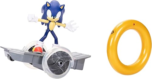 Sonic The Hedgehog Speed RC - Vehículo de patineta con controlador de anillo dorado, ruedas iluminadas y 360 giros, modo Turbo para impulso extra,