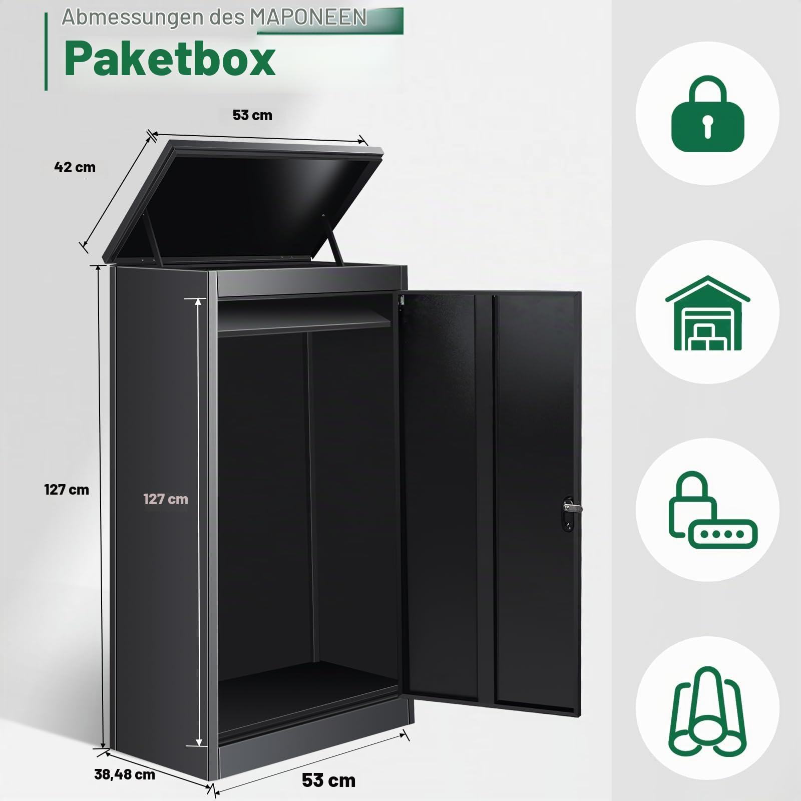 Briefkasten Paketbox für den Außenbereich, extra große Paketboxen mit sicherer Lagerung, wasserdichte Paketboxen für den Außenbereich, 53cm x 42cm x 130cm