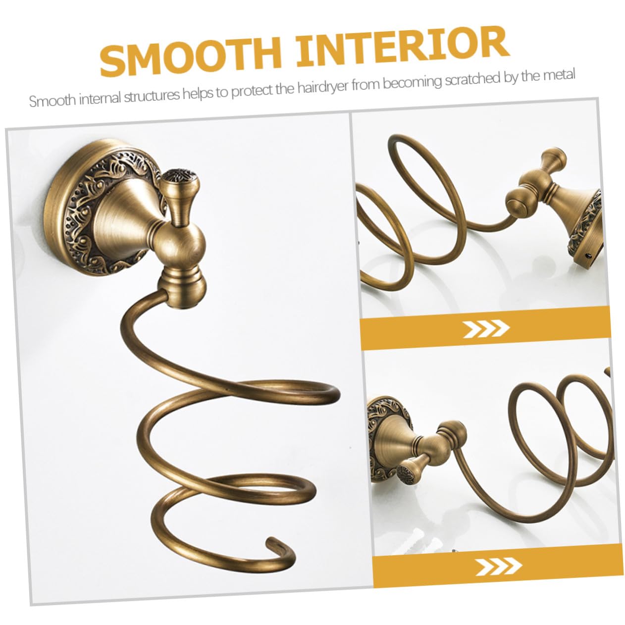 Soporte de Cobre Secador para o Pelo de Pared de Espiral en Fácil y Acero Inoxidable de Instalar y Seguro Dorado para Baño Tocador