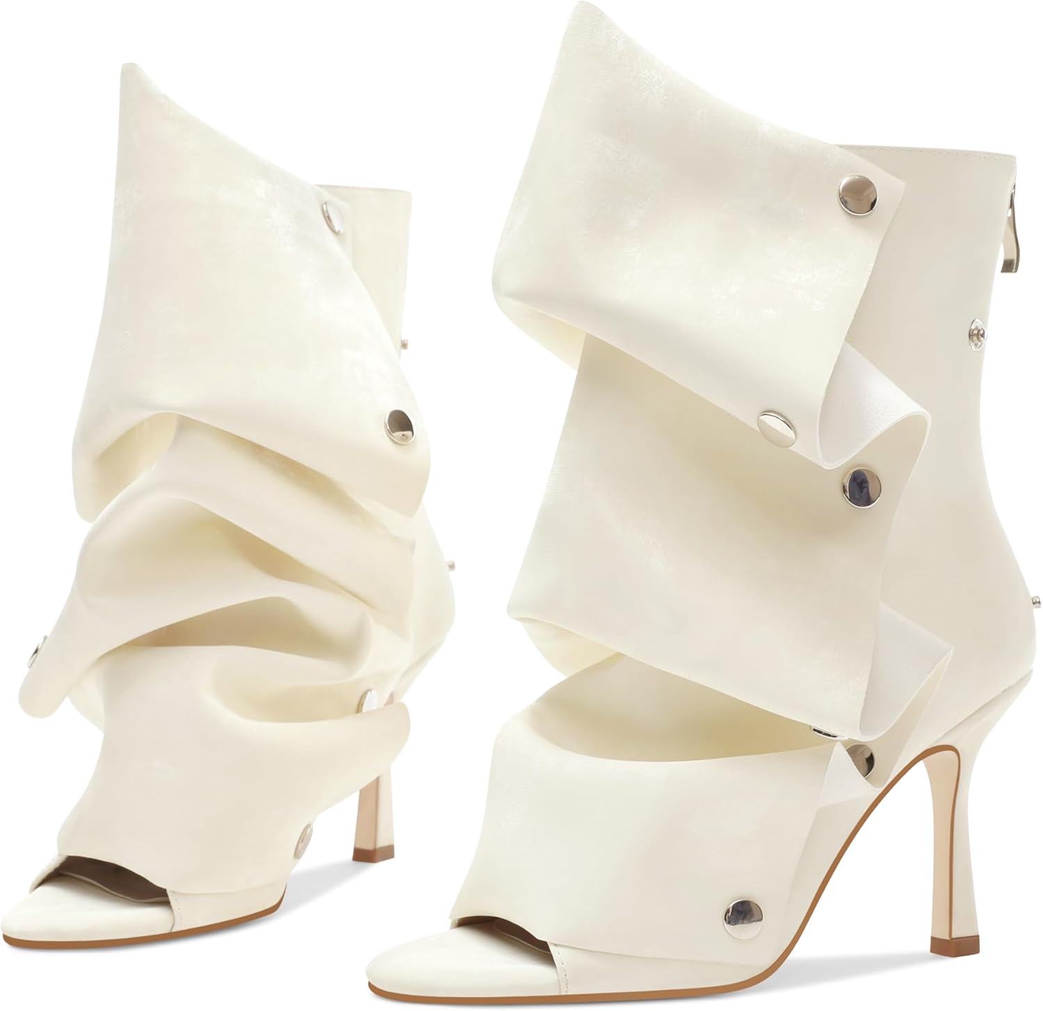 Women's Layered Ruched Ankle Boots, Foldover Pointy Open Toe Slouchy Silver Buttons Stiletto Fashion Short Booties for Party & Daily Wear