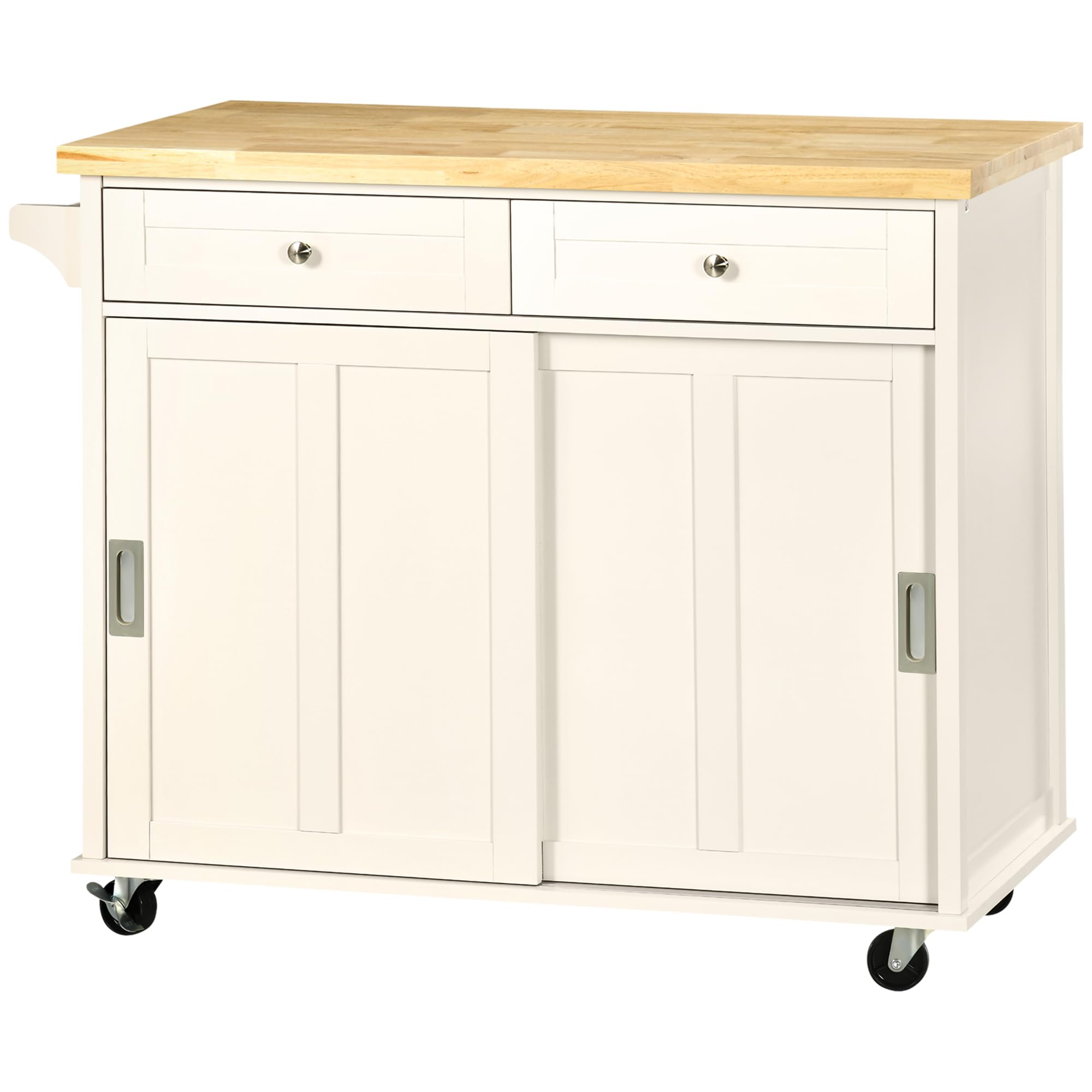 HOMCOM Carrito de Cocina Isla de Cocina Multifuncional con 4 Ruedas 2 Puertas Correderas 2 Cajones Estantes Ajustables y Barra de Colgar para Comedor Sala 110x49,5x89,5 cm Crema