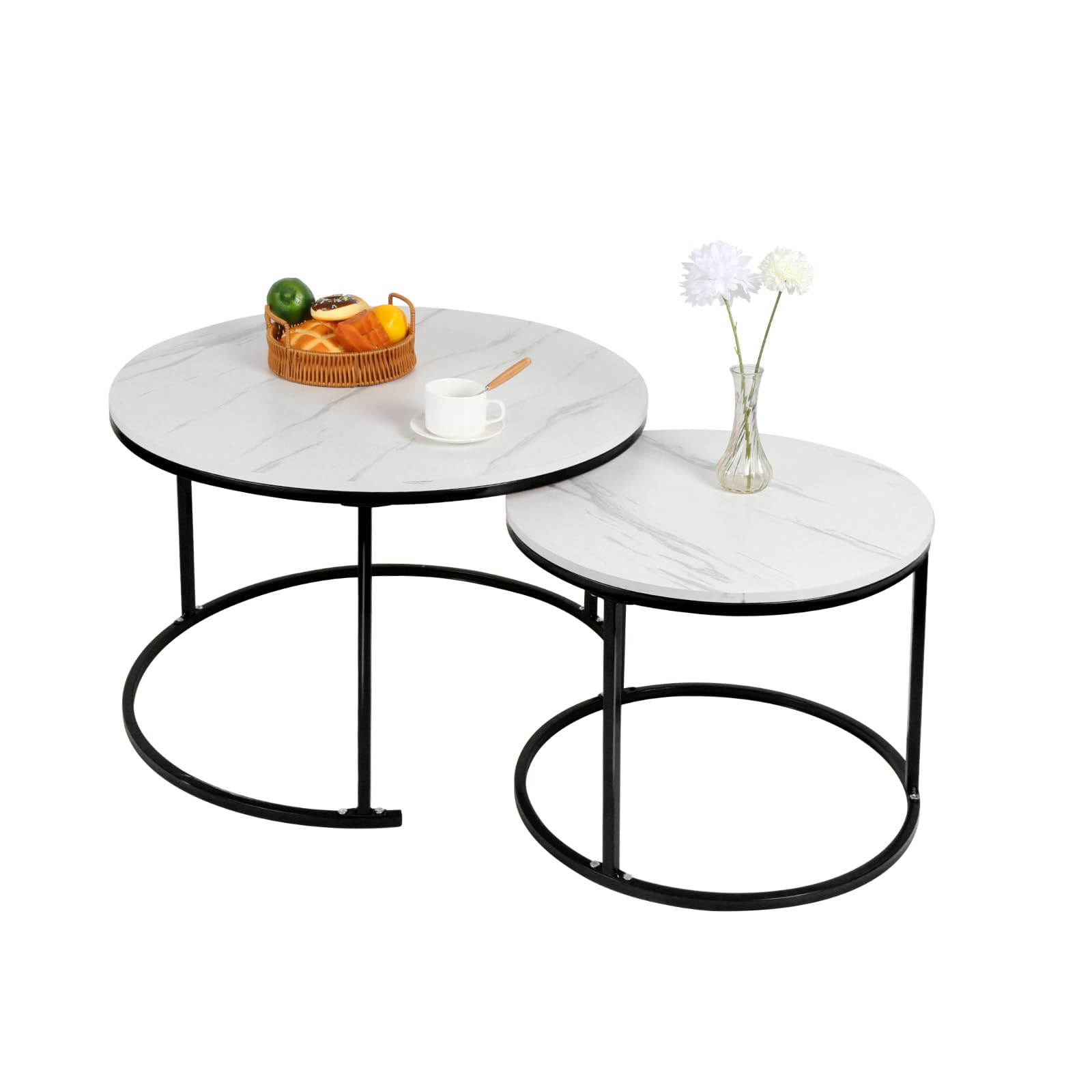 Table Basse Aspect marbre - Table d'appoint pour Salon - Diamètre 40 + 60 cm - Grande Ronde - MDF - pour Salon, Chambre à Coucher, Balcon-B (60 * 60 * 45 et 40 * 40 * 38) Marbre Blanc