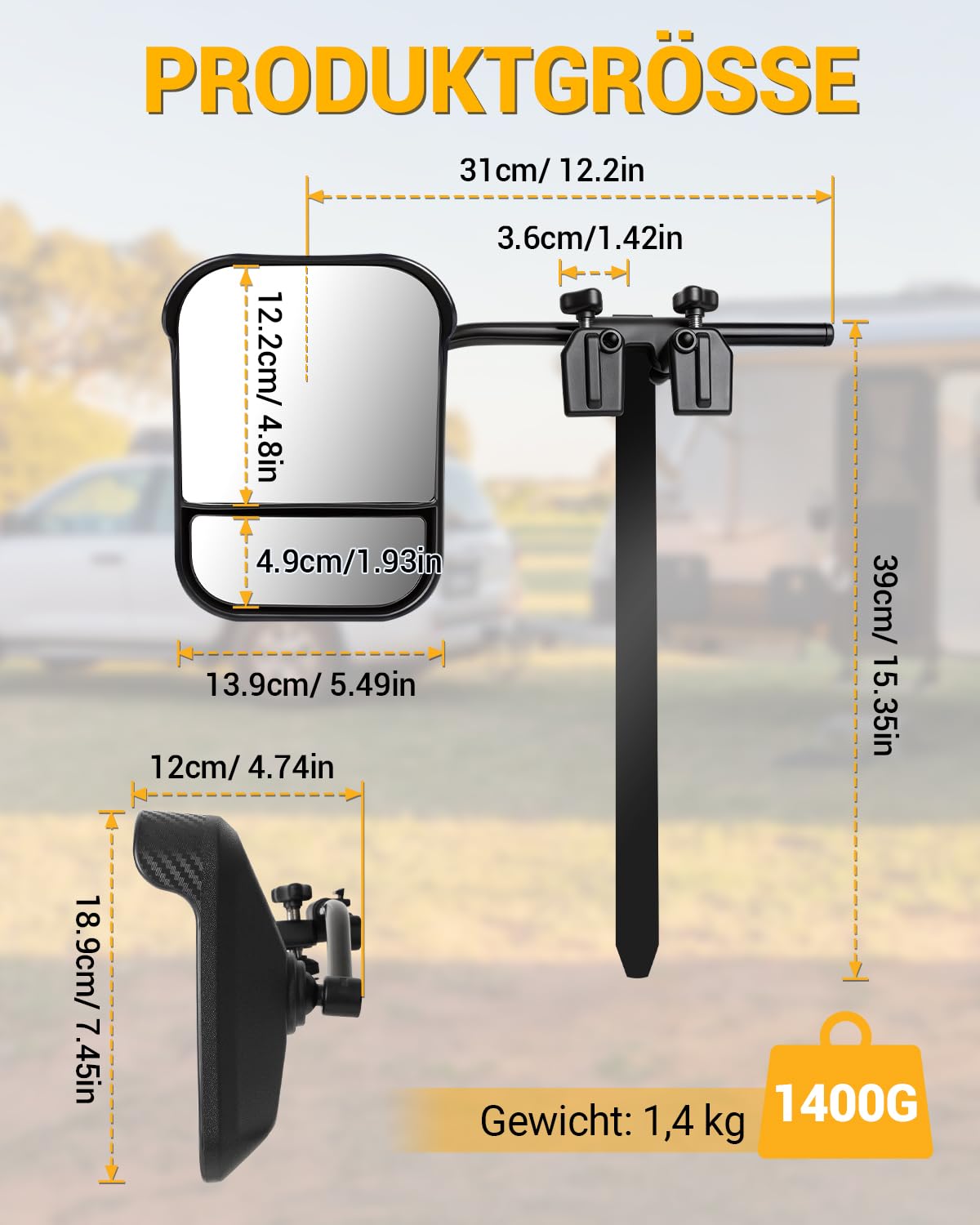 Wohnwagen Spiegel Auto Caravanspiegel Spiegelverbreiterung Wohnwagen Universal Doppelter Konvexer Spiegel mit Klemmen und Integriertem Regenabweiser für PKW (2 Stück)