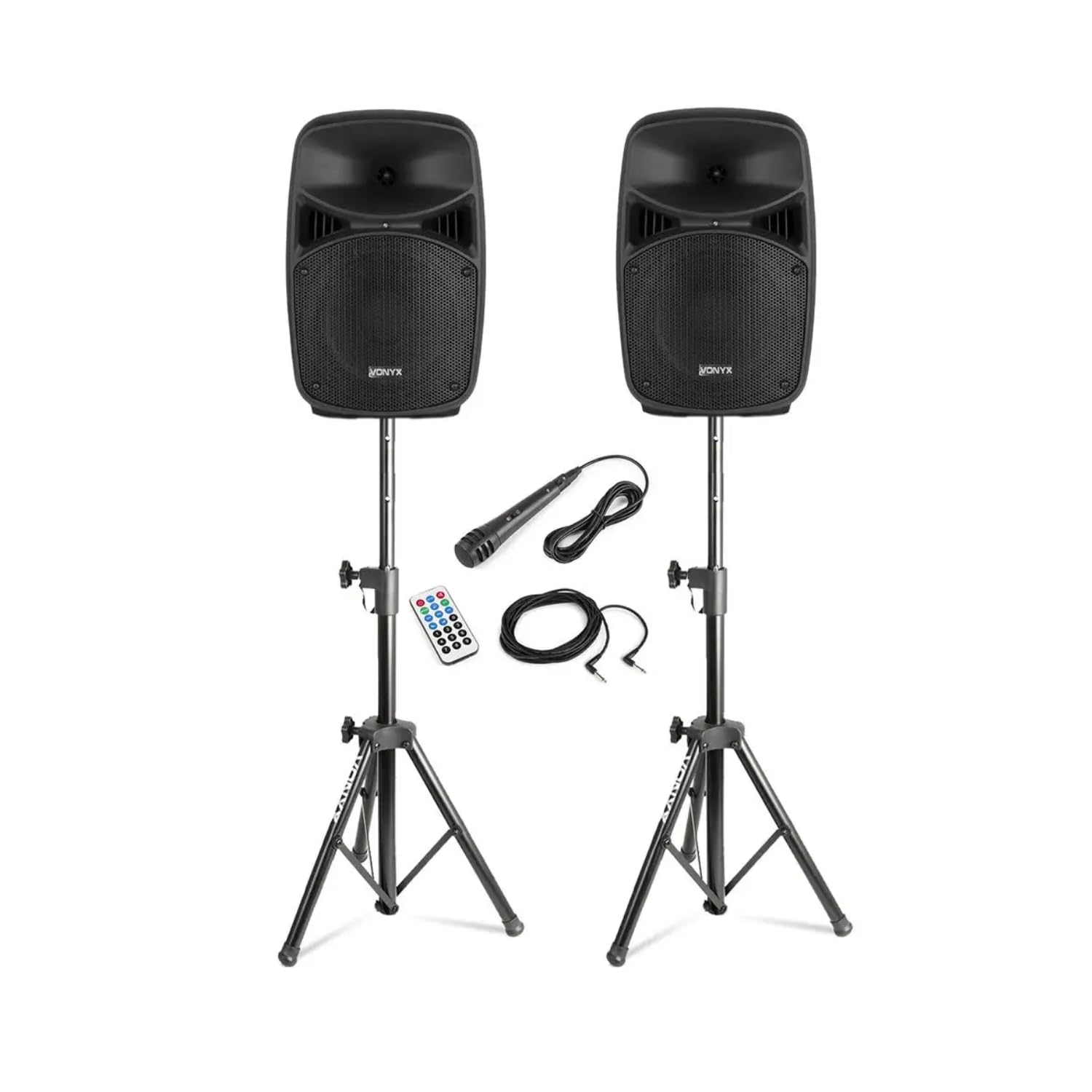 Vonyx VPS082A – Sistema de Sonido Activo 400W con 2 Altavoces 8”, Bluetooth, USB, SD, micrófono y 2 Soportes Regulables LS02K, Altavoz portátil Potente para Karaoke, DJ y Fiesta, Color Negro