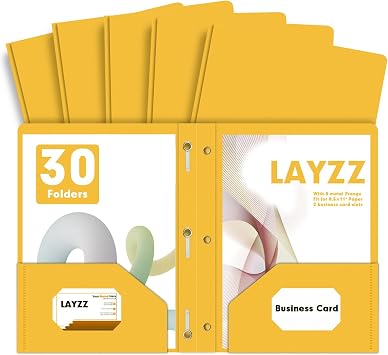 Plastic 2 Pocket Folders with Prongs, 30 Pack, Heavyweight, Letter Size Poly Folders with 3 Metal Prongs Fastener Clips Yellow