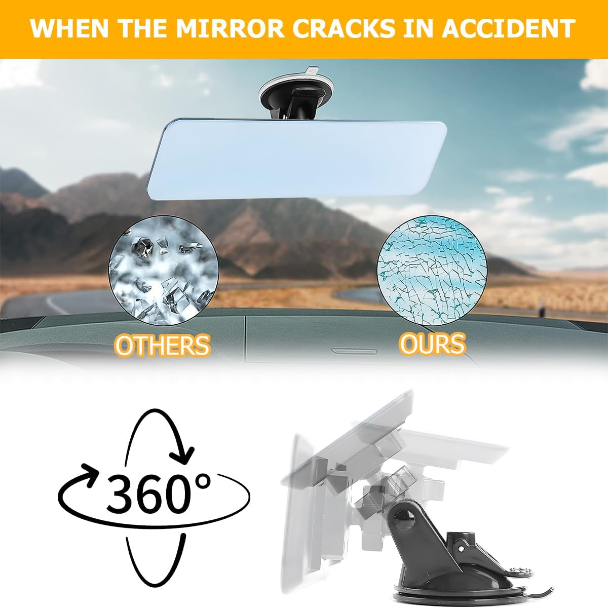 Zpana Car Anti Glare Rear View Mirror, Framless Wide Angle Vehicle Inside Convex HD Rearview Mirror with Suction Cup, Automotive Panoramic Reduce Blind Spots Accessories, Universal Fit