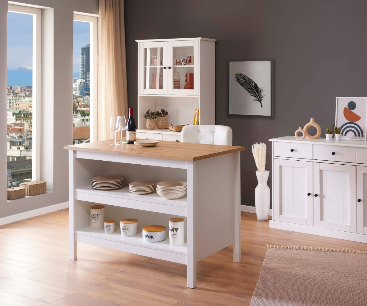 Inter Link - Cocina de isla - Isla central - Encimera - Mueble de cocina con estantes - Melamina - Longitud 124cm - Altura 82 cm - Profundidad 75 cm - Julina - Blanc/Chêne Artisan