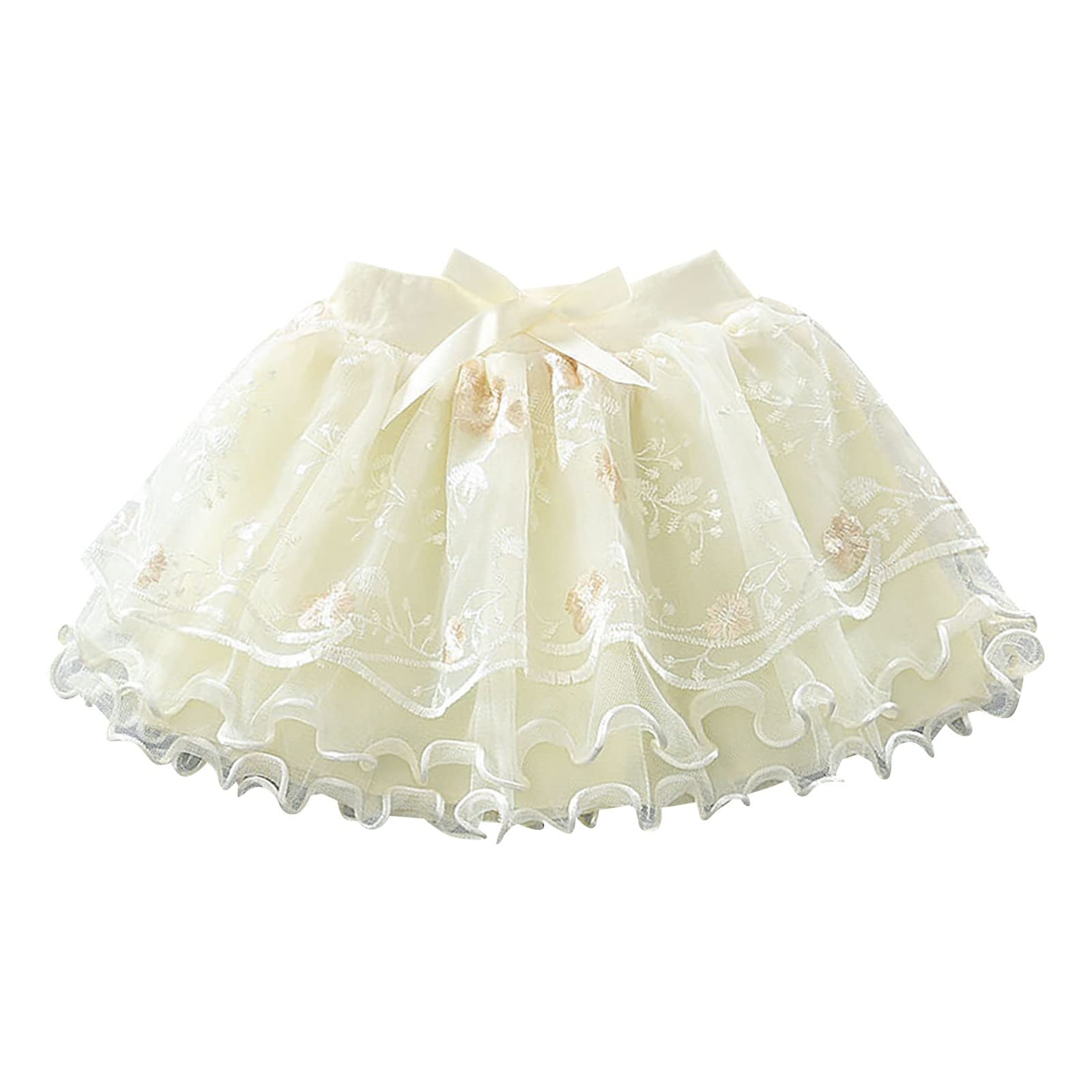 Toddler Baby Girls Tutu Skirt Kids Layered Tulle Tutus Skirt Embroidered Pattern Bow Skirt Party (Beige, 12-18 Months)