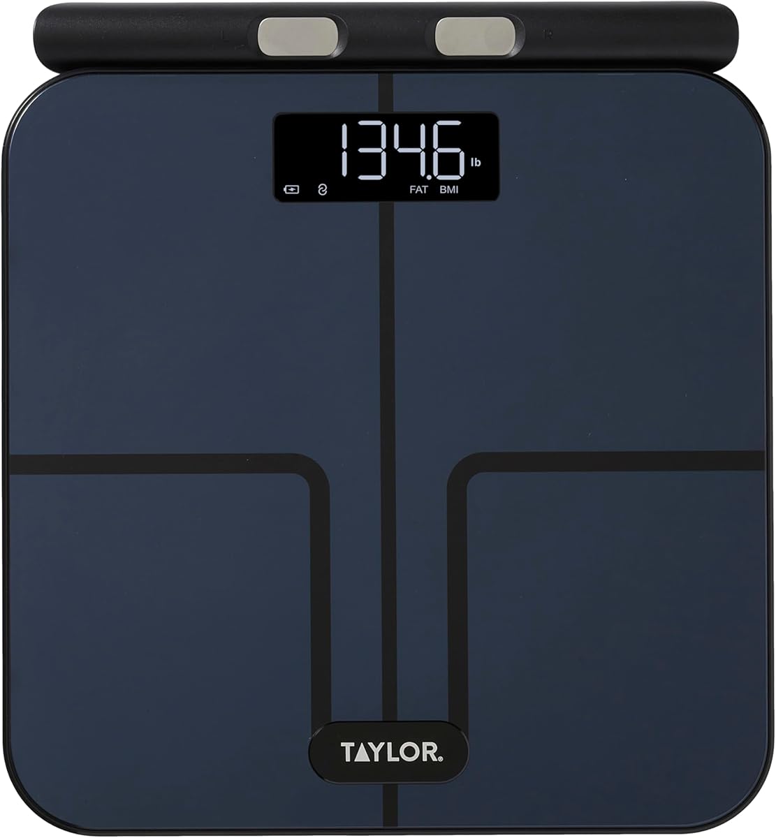Taylor Smart Total Body Composition Scale with Precision Hub App, Retractable Handle, 11.8" x 11.8" Glass Platform, Vanishing 0.9" LED Display, 440 lb Capacity, 8 Contact Points, Black