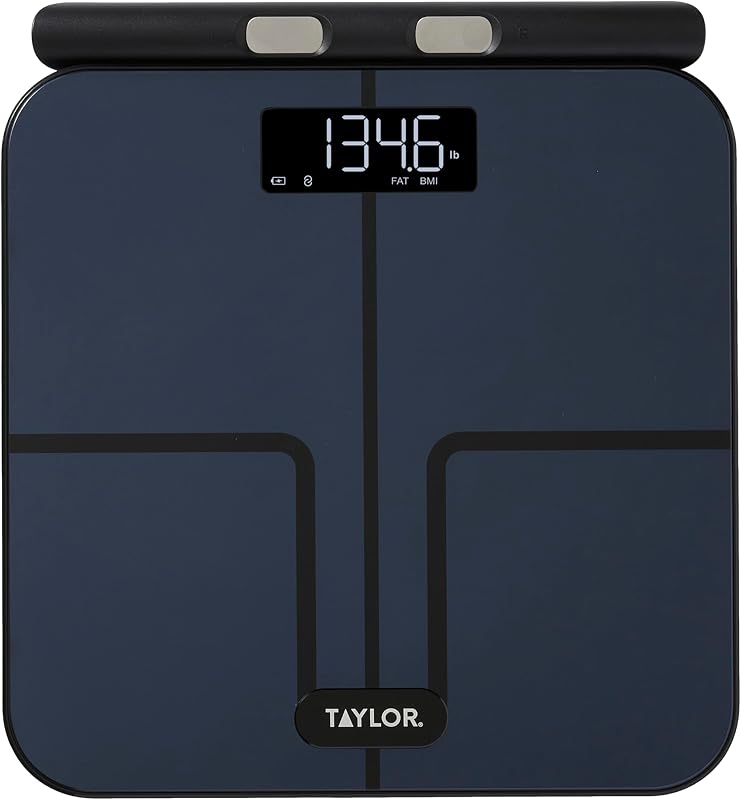 Taylor Smart Total Body Composition Scale with Precision Hub App, Retractable Handle, 11.8" x 11.8" Glass Platform, Vanishing 0.9" LED Display, 440 lb Capacity, 8 Contact Points, Black