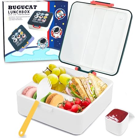 Bugucat Lunch Box 1300ML/43OZ, Bento Box with 4 Compartments, Lunch Box Containers, Sandwich Box, Meal Prep Container with Reusable Spoon, Salad Bowl with Dressing Container (White)