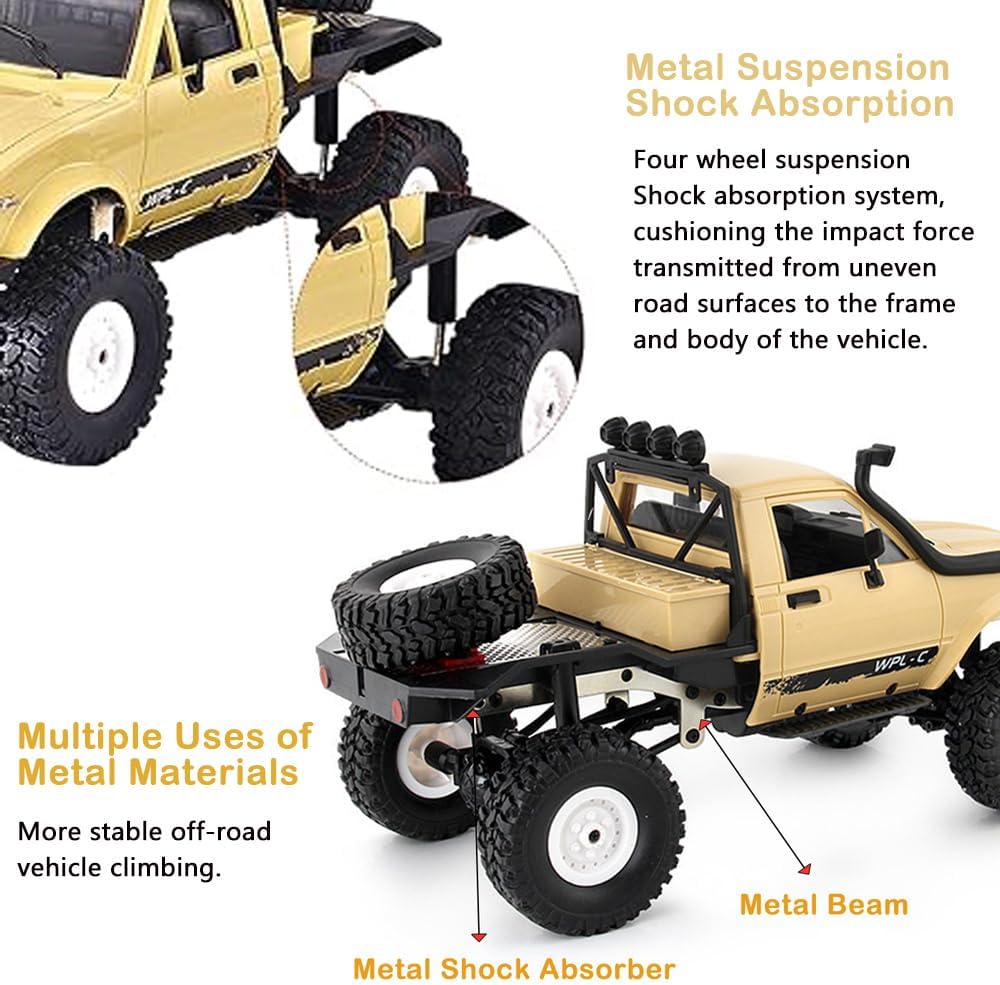 RC Truck 1/16 RC Rock Crawler, WPL C14 4x4 RC Semi Truck, 2.4GHz Remote Control Car, All Terrain Off Road RC Climbing Car with LED Lights and 2 Batteries for Adults (Yellow)