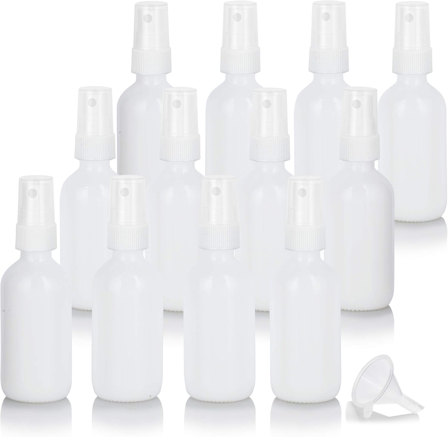 JUVITUS 2 oz Opal White Glass Boston Round White Fine Mist Sprayer Bottle + Funnel (12 Pack)