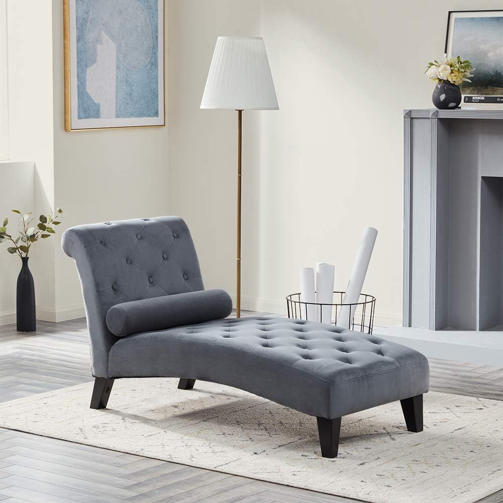 BELLEZE Modern Lounge Chaise Leisure Accent Chair Upholstered Couch, Button Tufted Back Seat with Matching Accent Pillow, and Hardwood Legs - Aurora (Grey) : Home & Kitchen