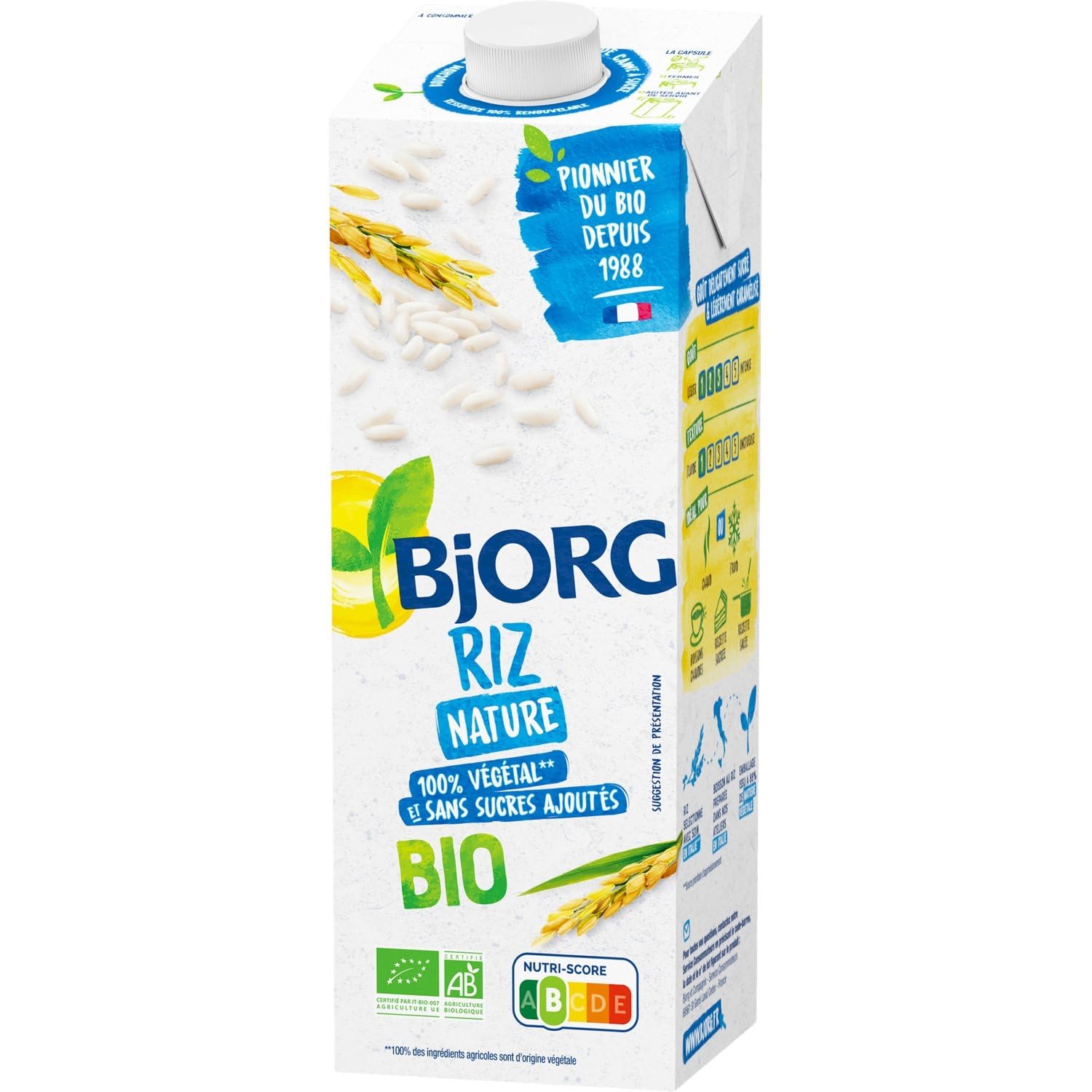 BJJORG – Boisson Végétale Bio au Riz, Saveur Douce et Légère, Brique Pratique 1L - Lot de 4 - vendu par Lot