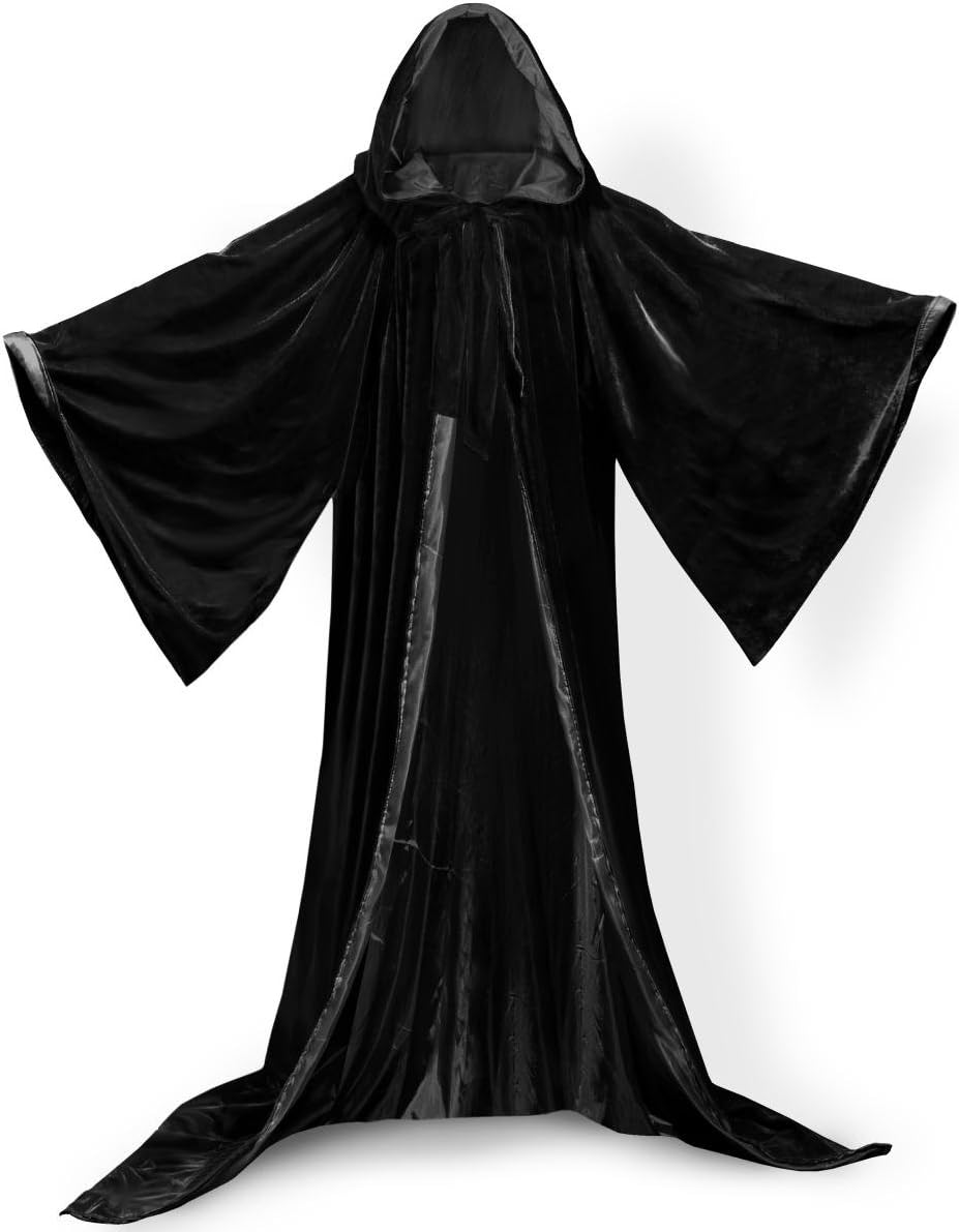 PingFeng Wizard Robe Velvet Hood Cloak Wicca LARP Goth Costume Blacks XL