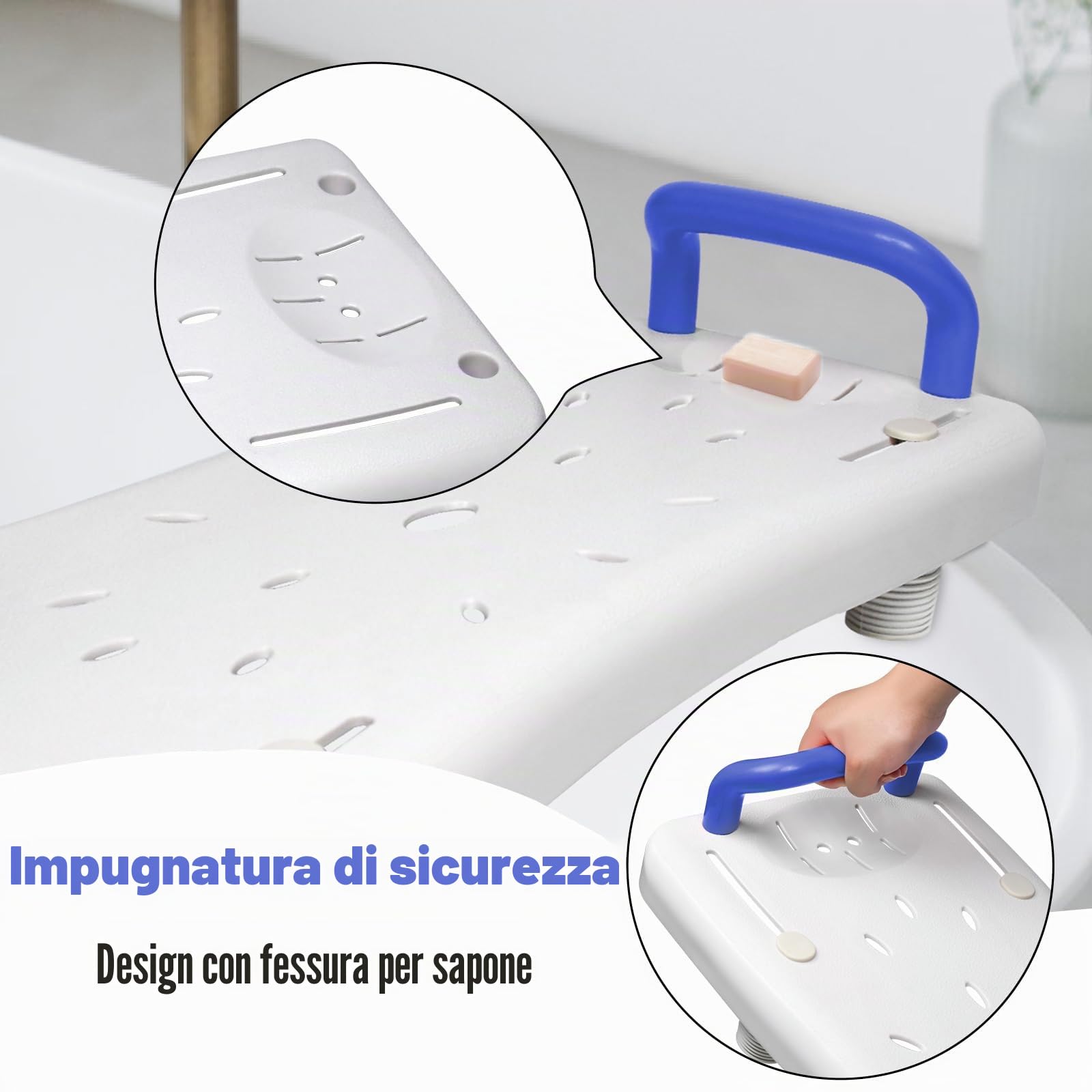 YUENFONG Asse per vasca da bagno, 70 x 31 cm, seduta per vasca da bagno, con manico, in plastica, portata fino a 150 kg, per vasca da bagno, manico blu