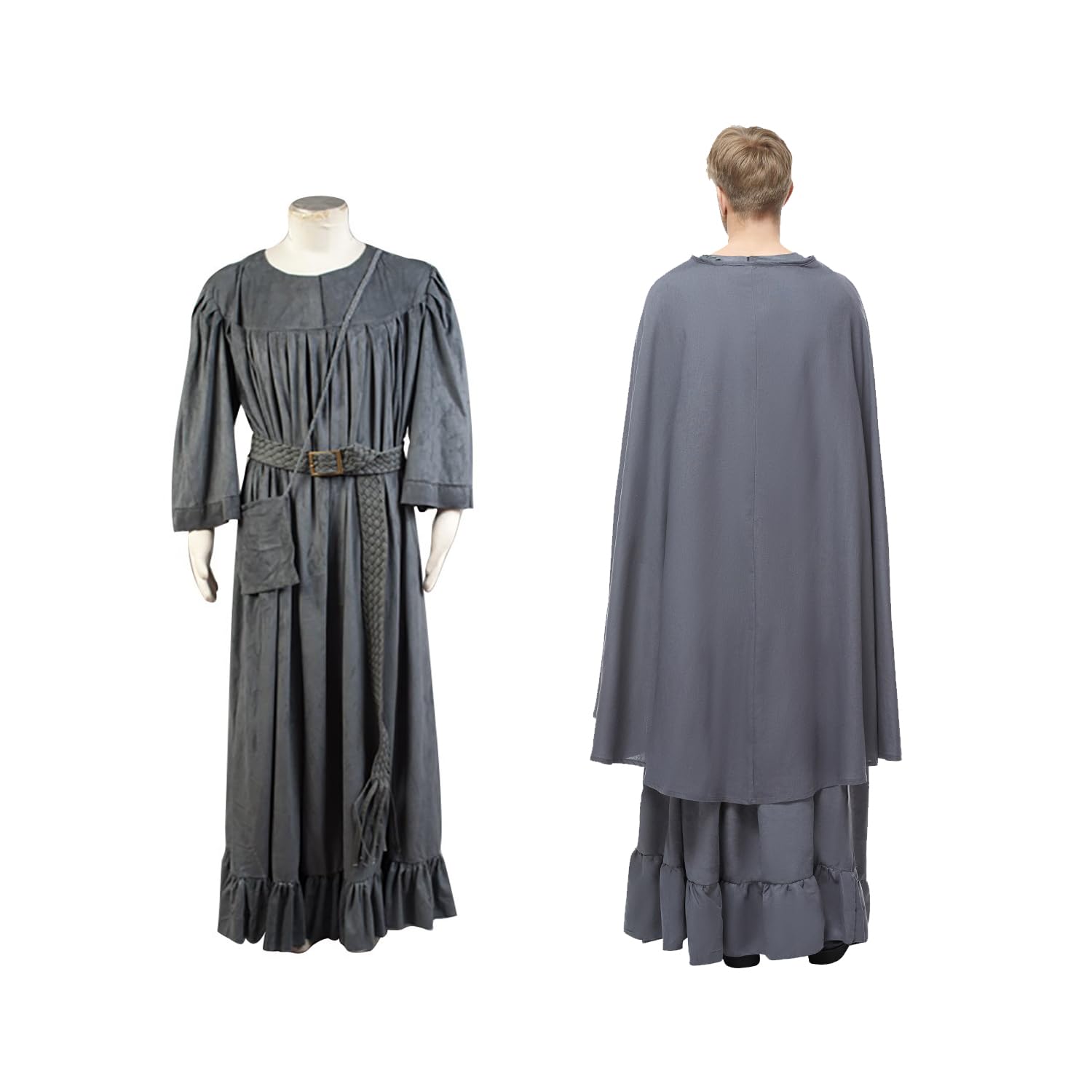 Costume de magicien pour homme - Cape, avec ceinture, sac à bandoulière - Accessoires d'Halloween - Gris