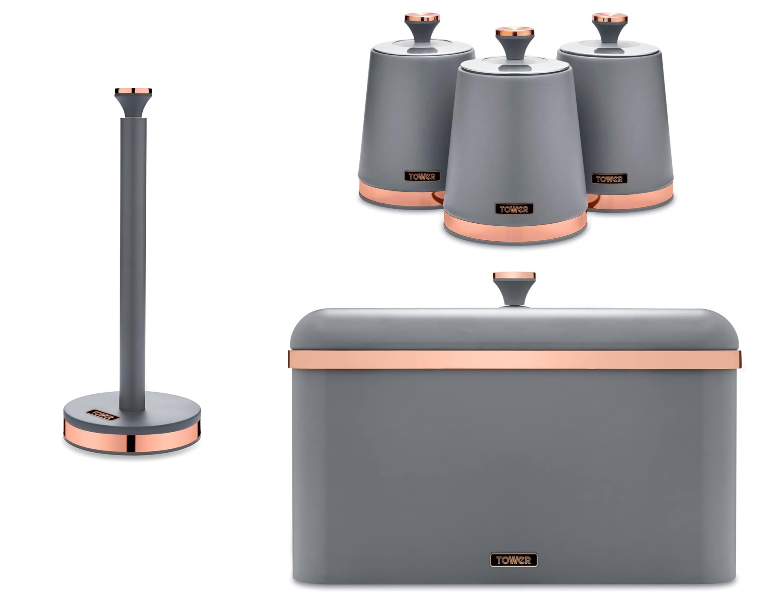 Tower Grey Cavaletto Bread Bin, Tea, Coffee, Sugar Canisters And Kitchen Roll Holder. Contemporary Kitchen Storage Set Of 5 Items. Matte Finish With Elegant Rose Gold Accents