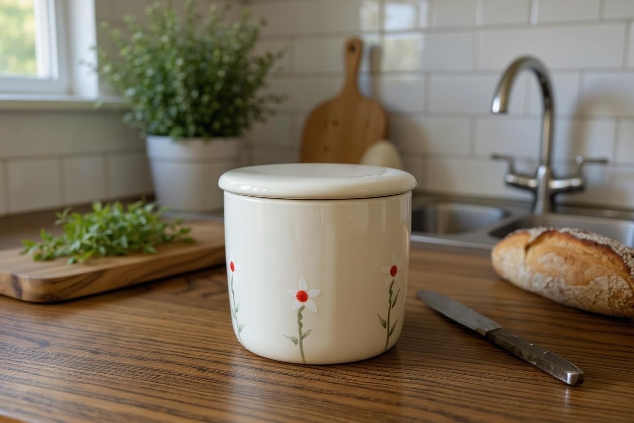 White Daisy French Butter Keeper with Water Line – Ceramic Butter Crock for Countertop – Butter Dish with Lid for Soft Spreadable Butter – Farmhouse Kitchen Decor – Fits 1 Stick