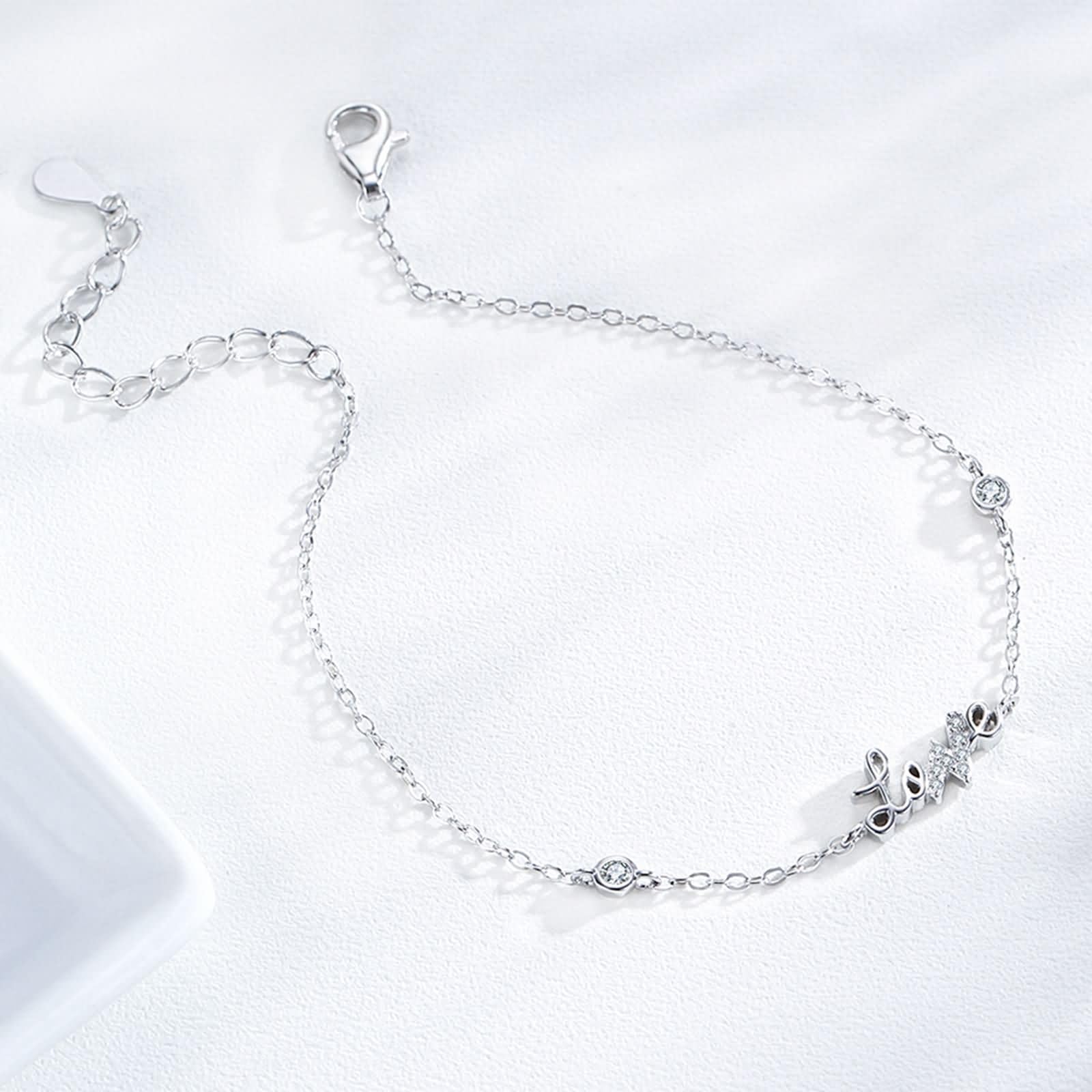 Pulseras de Oro Blanco 9 Kilates / 14 Kilates / 18 Kilates Mujer, Letra love con Diamante Creado, Cadena Extensible 16 CM + 5 CM, Pulseras para Mujer Plata