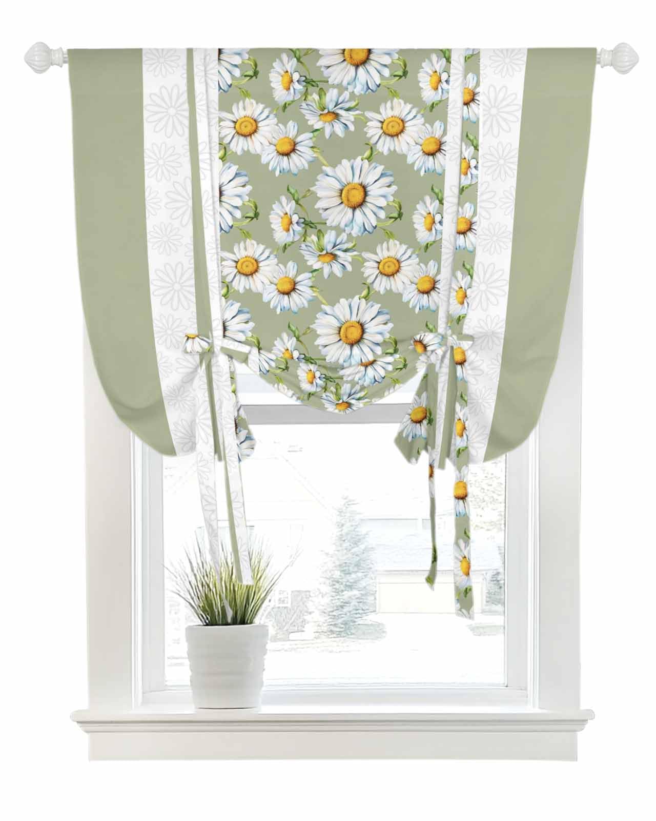 Tie Up Curtains for Windows Watercolor Farm Daisy Flowers Rod Pocket Tie-Up Window Shade Adjustable Balloon Curtain Valance Green White Striped for Bedroom Kitchen Bathroom Blinds,34x45in