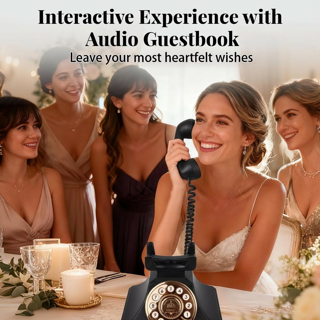 Libro de visitas de audio para boda, teléfono retro inalámbrico, grabación de mensajes de voz personalizados para bodas, fiestas y banquetes, estilo clásico, baja radiación, negro