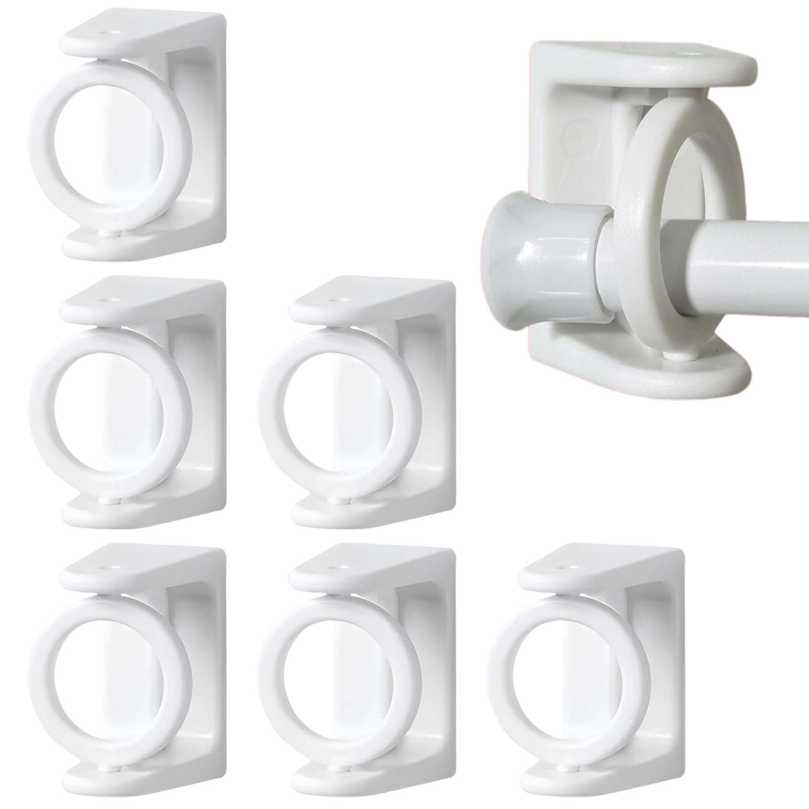 No Drill Curtain Rod Brackets, 6 PCS Self-Adhesive Holders with Rotating Rings for Towel & Curtain Poles in Bathroom, Kitchen.