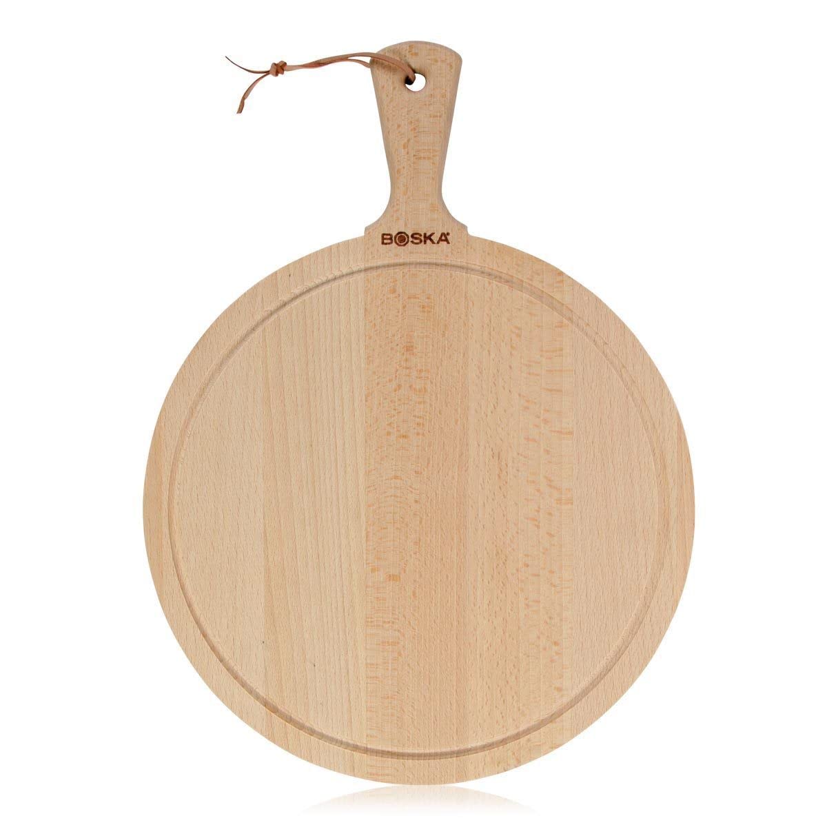 BOSKA Serving Board Round Amigo L/with Handle/Rustic Beechwood/for Cheeses or Tapas/Brown / ⌀ 13"
