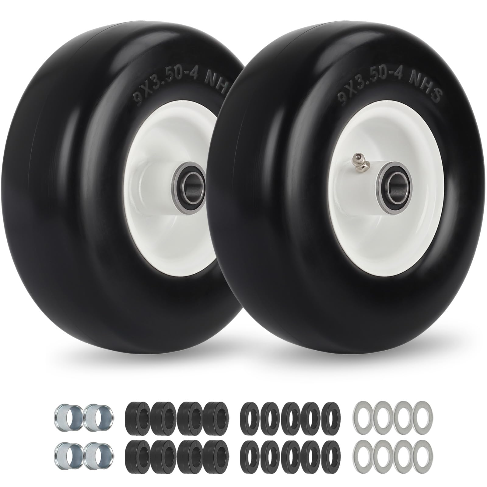 GICOOL 2 Pack, 9x3.50-4 Flat Free Lawn Mower Tire and Wheel, 3/4" & 5/8" Bearing Bore, 3.5"-4"-4.5"-5" Centered Hub Length, Smooth Tread Tire for Zero Turn Mowers