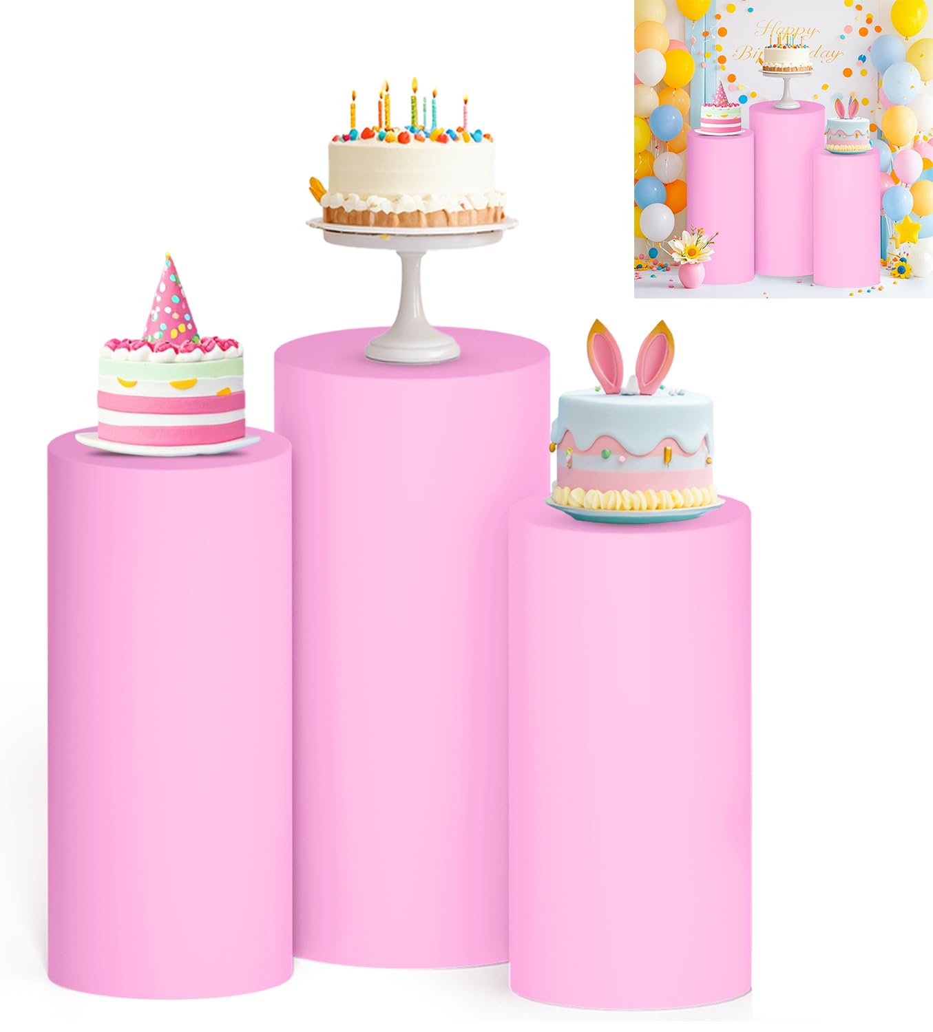 PATYDEST Pink Cylinder Covers Set of 3 Cylinder Pedestal Stand Covers Stretch Cylinder Plinth Stand Cover Cylinder Stand Covers for Wedding Birthday
