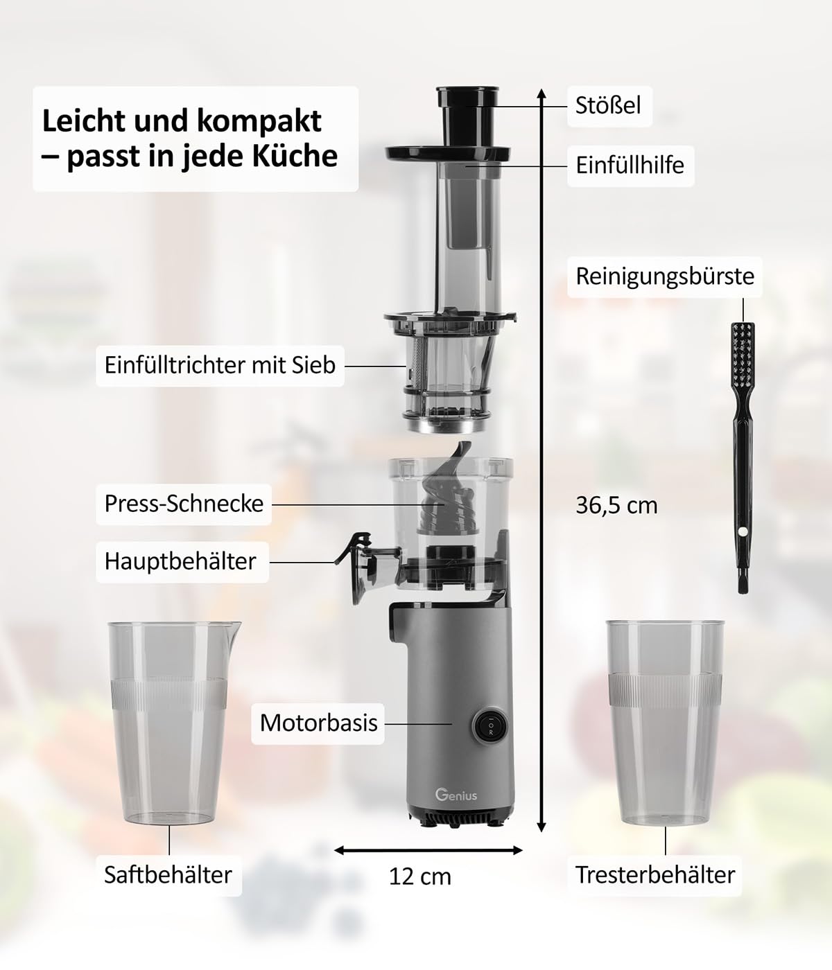 Genius Slow Juicer Mini Saftpresse für Gemüse und Obst, 9-teilig, Kaltpresse, 130 W, leise, einfaches Design, leichte Fruchtpresse, elektrisch, einfache Reinigung mit Bürste