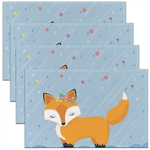 Miniatura 1 de Juego de 4 manteles individuales Kawaii con diseño de zorro para comedor, mesa de patio, cocina, acuarela, mariposa, floral, resistente al calor,