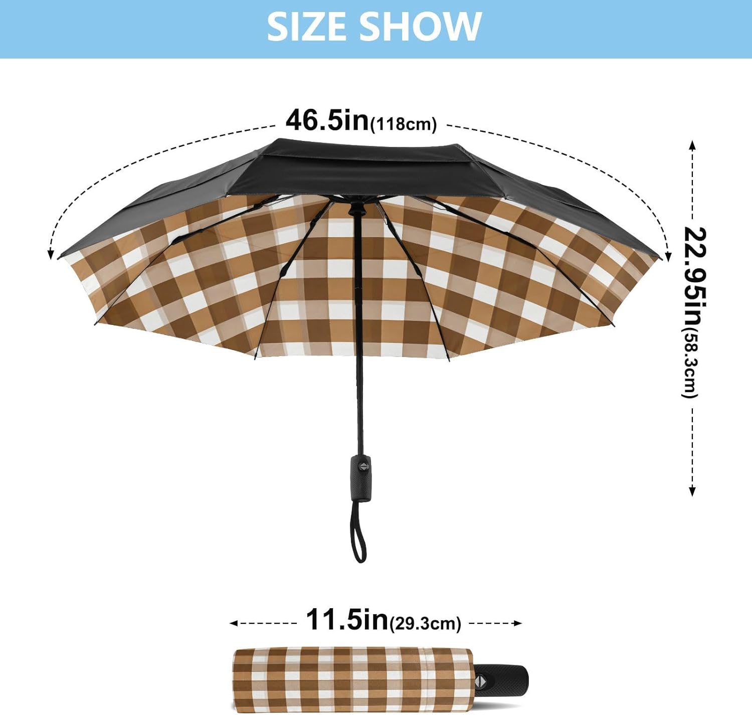 Strong Windproof Travel Umbrella Mini Folding Coffee Brown Bronze Gingham Umbrellas with Fiberglass Frame for Rain and Sun UPF 50+ Automatic Open Close paraguas para