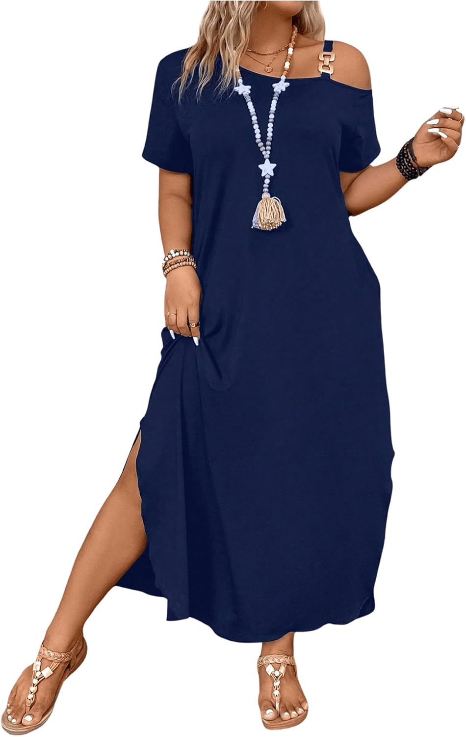 SOLY HUX Women's Plus Size Cold Shoulder Short Sleeve Split Hem T Shirt Dress Summer Long Maxi Dresses