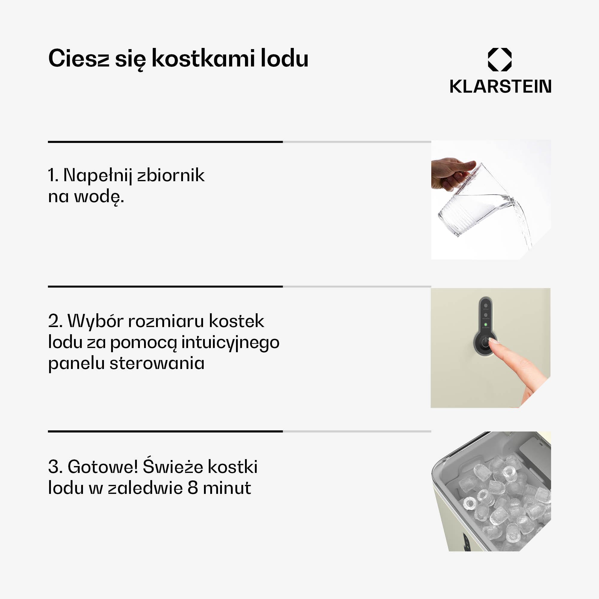 Klarstein malý výrobník kociek ľadu - 12 kg/24 h, 8 min cyklus, 1,5 l nádrž na vodu, LED displej, priehľadné veko, prenosný, obsahuje naberačku - výrobník ľadových kociek na párty