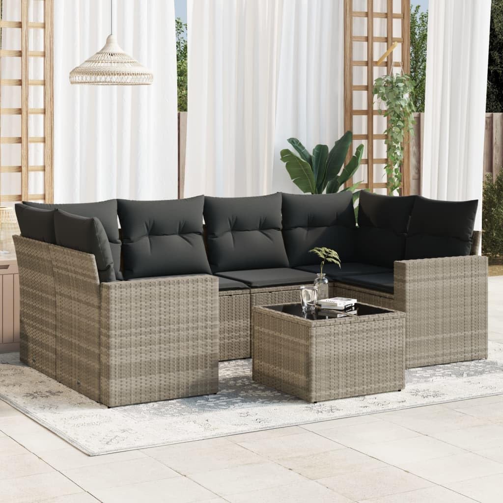 Set Salotto da Giardino 7 Pezzi in Rattan PE Grigio Chiaro | Salotto modulare per patio e terrazzo con tavolo in vetro temperato e comodi cuscini sfoderabili con morbida imbottitura.